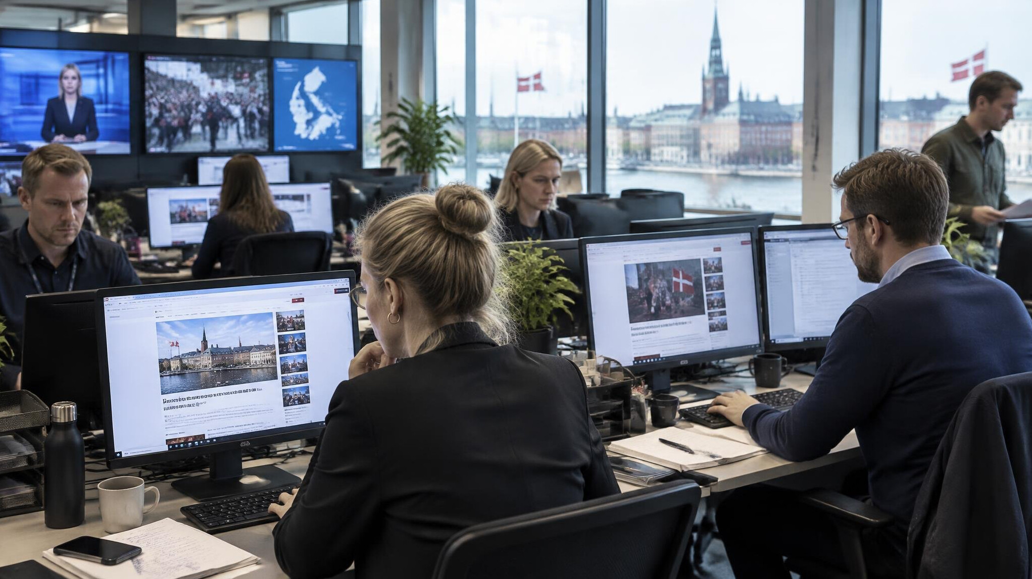 Journalists working together in a modern newsroom